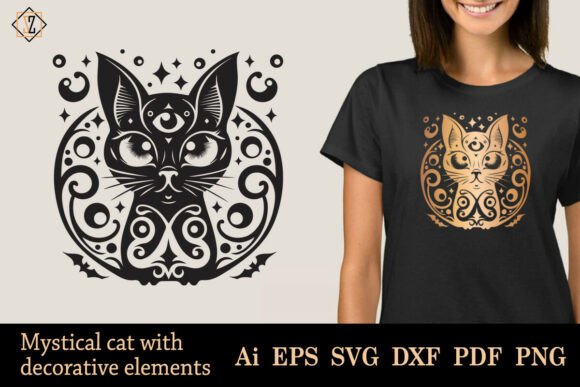 Mystical Cat with Decorative Elements Design